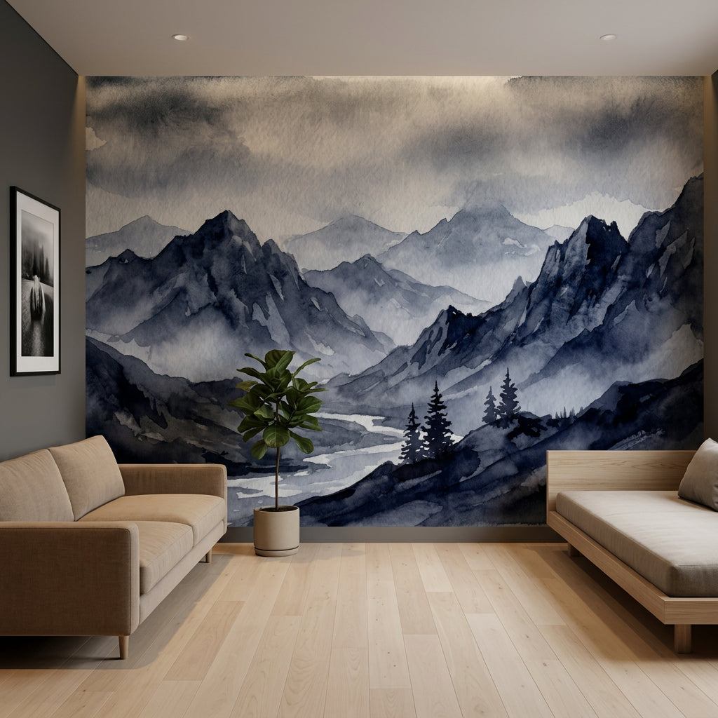 Misty Mountains Wallpaper Monochrome Removable River Valley Wall Decor
