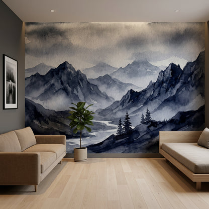 Misty Mountains Wallpaper Monochrome Removable River Valley Wall Decor