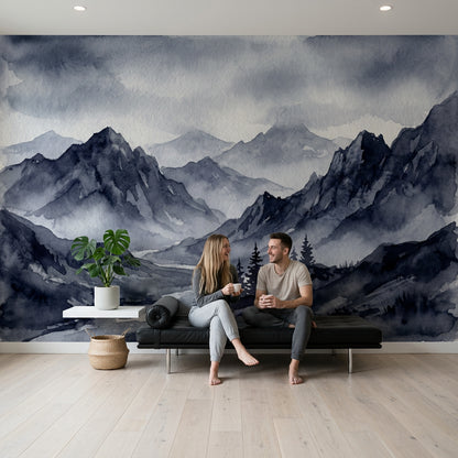 Misty Mountains Wallpaper Monochrome Removable River Valley Wall Decor