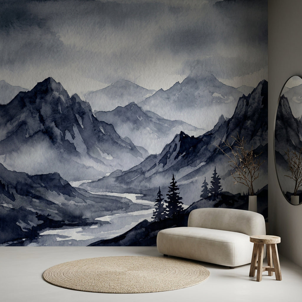Misty Mountains Wallpaper Monochrome Removable River Valley Wall Decor