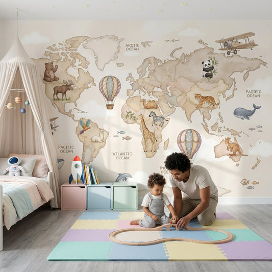 World Map Wallpaper Hot Air Balloon Removable Wall Decor