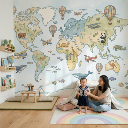 World Map Wallpaper Nursery Kids Removable Wall Decor
