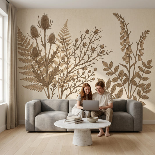 Vintage Botanical Wallpaper Sepia Illustration Fern Fronds Removable Wall Decor
