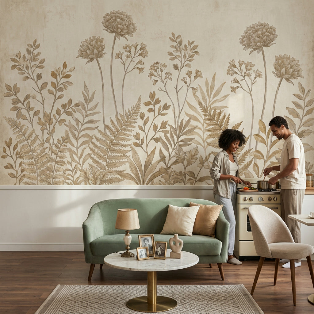 Paper Texture Wallpaper Sepia Botanical Wall Mural