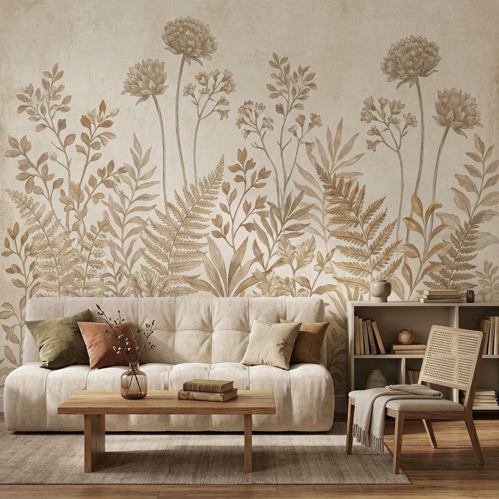 Paper Texture Wallpaper Sepia Botanical Wall Mural