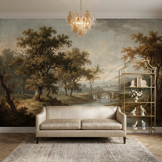 Vintage Landscape Wallpaper Pastoral Countryside River Removable Wall Decor