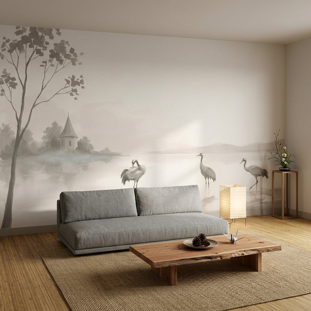Misty Lake Wallpaper Cranes Chapel Steeple Wall Mural