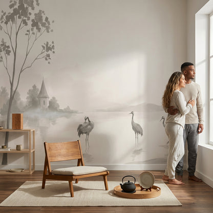 Misty Lake Wallpaper Cranes Chapel Steeple Wall Mural