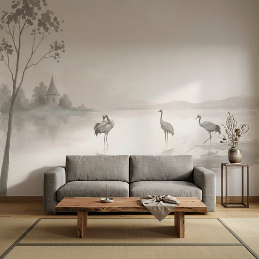Misty Lake Wallpaper Cranes Chapel Steeple Wall Mural