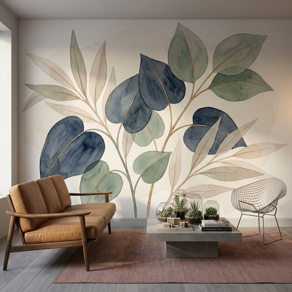 Watercolor Botanical Wallpaper Eucalyptus Leaves Navy Blue Removable Wall Decor