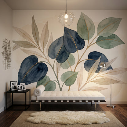 Watercolor Botanical Wallpaper Eucalyptus Leaves Navy Blue Removable Wall Decor