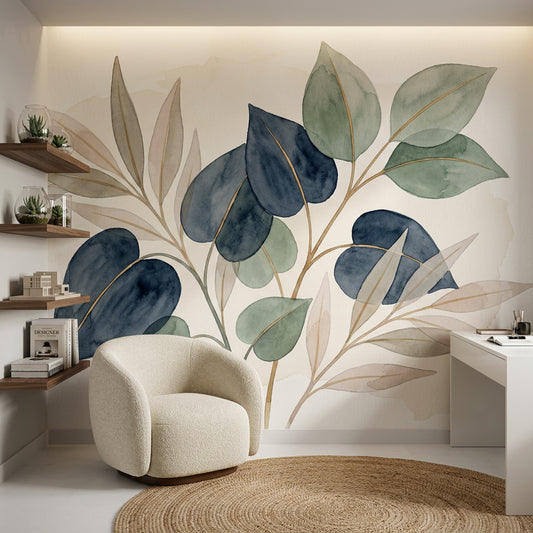 Watercolor Botanical Wallpaper Eucalyptus Leaves Navy Blue Removable Wall Decor