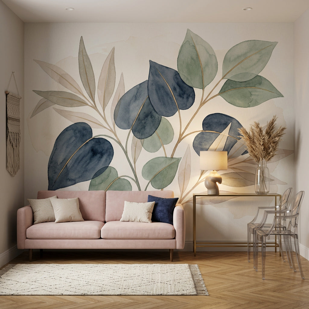 Watercolor Botanical Wallpaper Eucalyptus Leaves Navy Blue Removable Wall Decor