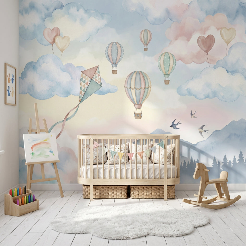 Pastel Watercolor Wallpaper Hot Air Balloons Soft Sky Wall Mural