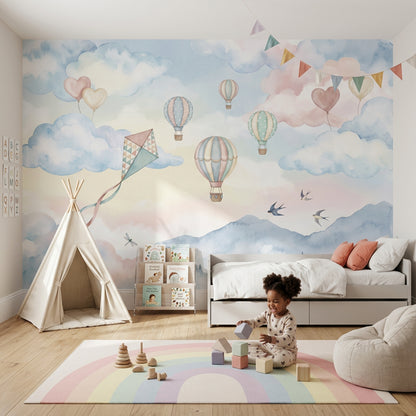 Pastel Watercolor Wallpaper Hot Air Balloons Soft Sky Wall Mural