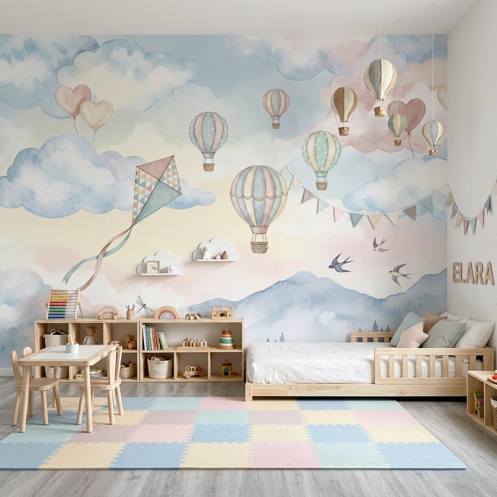 Pastel Watercolor Wallpaper Hot Air Balloons Soft Sky Wall Mural