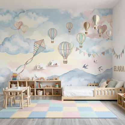 Pastel Watercolor Wallpaper Hot Air Balloons Soft Sky Wall Mural