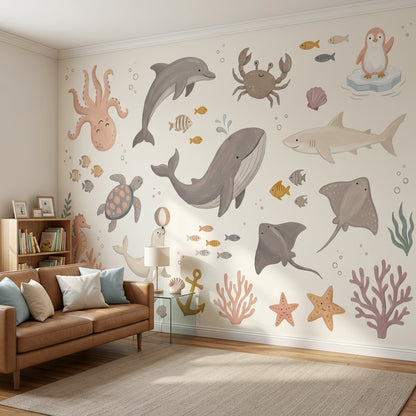 Muted Green Wallpaper Ocean Nursery Underwater Animals Wall Mural