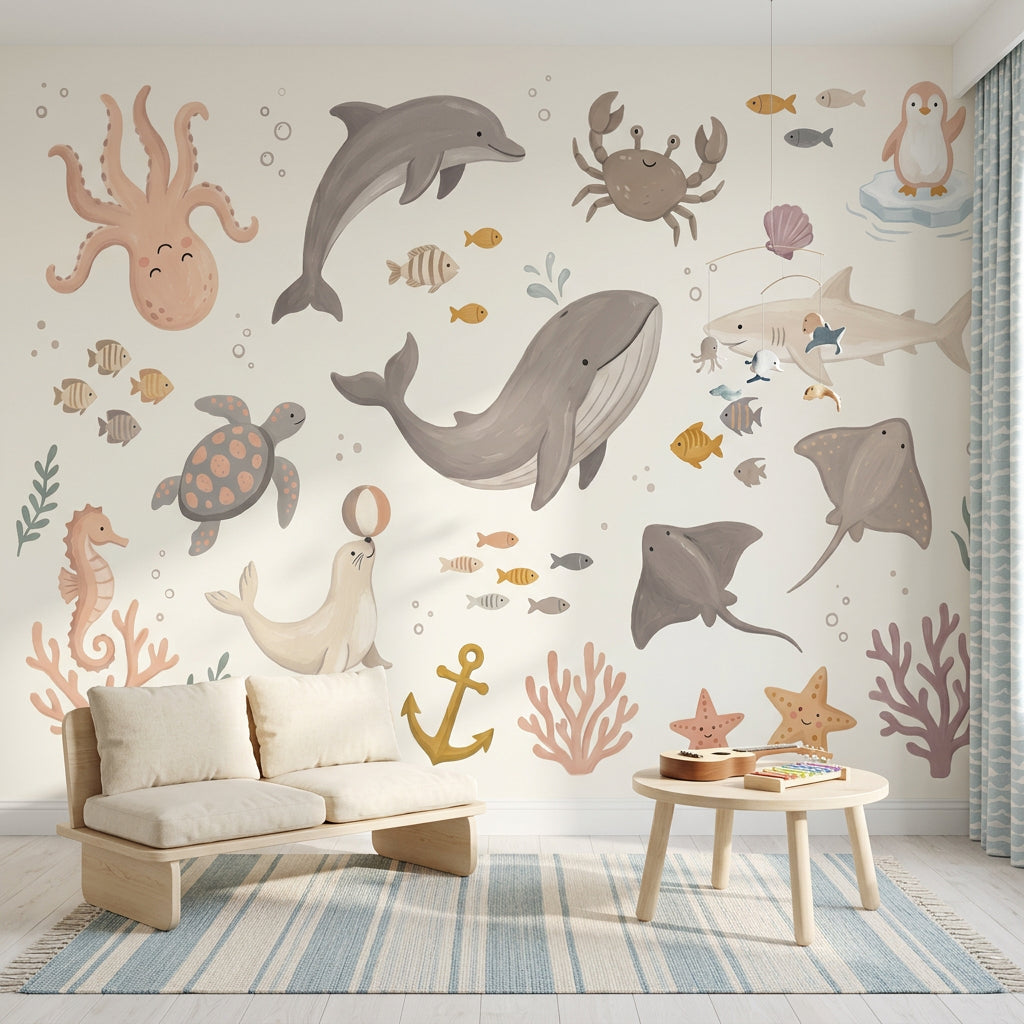 Muted Green Wallpaper Ocean Nursery Underwater Animals Wall Mural
