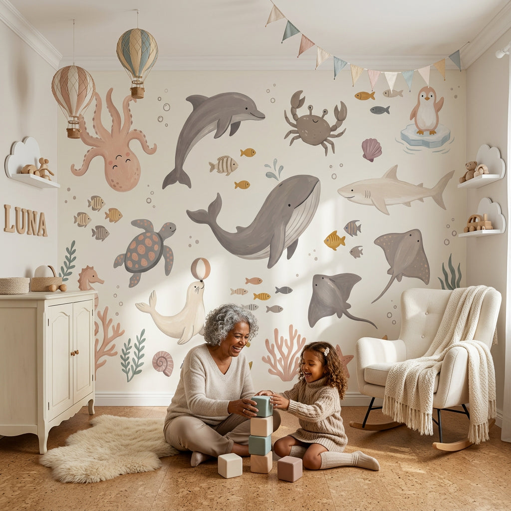Muted Green Wallpaper Ocean Nursery Underwater Animals Wall Mural