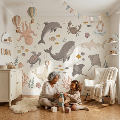 Muted Green Wallpaper Ocean Nursery Underwater Animals Wall Mural