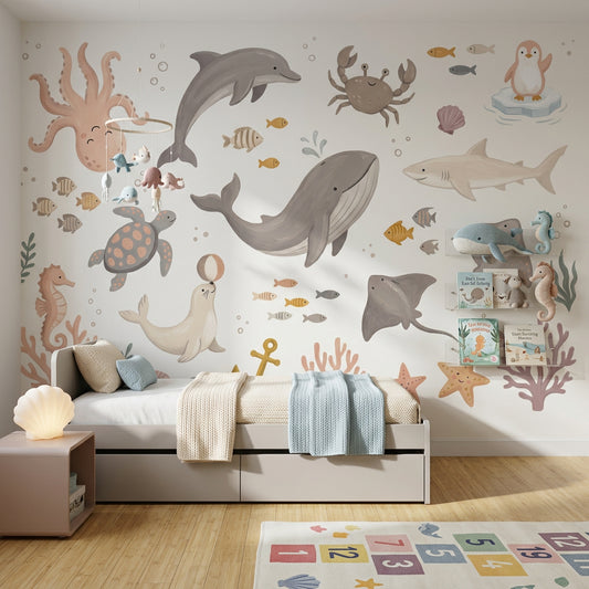 Muted Green Wallpaper Ocean Nursery Underwater Animals Wall Mural