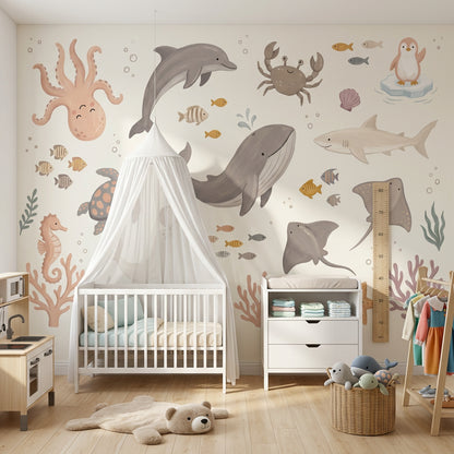 Muted Green Wallpaper Ocean Nursery Underwater Animals Wall Mural