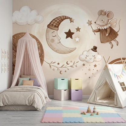 Beige Clouds Wallpaper Dreamy Nursery Moon And Stars Removable Wall Decor