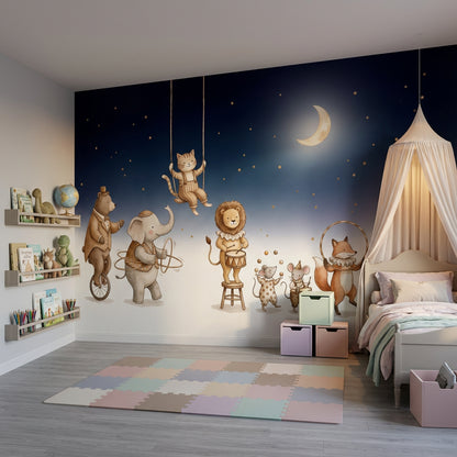 Circus Animals Wallpaper Dark Navy Night Sky Watercolor Illustration Removable Wall Decor