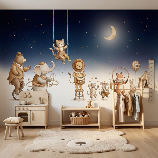 Circus Animals Wallpaper Dark Navy Night Sky Watercolor Illustration Removable Wall Decor