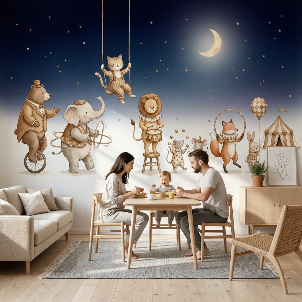 Circus Animals Wallpaper Dark Navy Night Sky Watercolor Illustration Removable Wall Decor