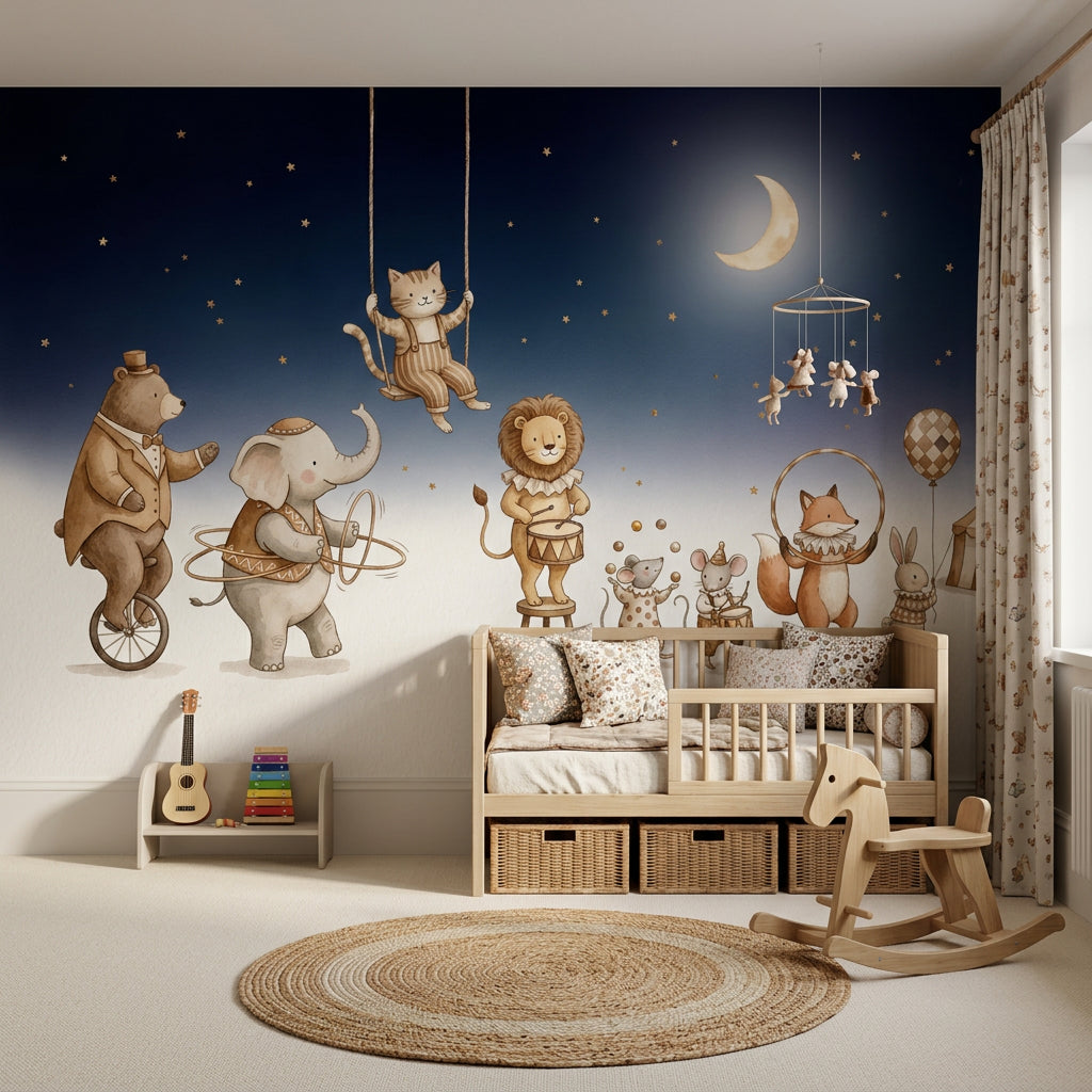 Circus Animals Wallpaper Dark Navy Night Sky Watercolor Illustration Removable Wall Decor