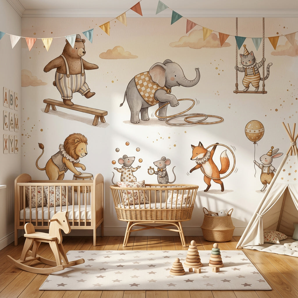 Circus Animals Wallpaper Watercolor Removable Whimsical Wall Decor