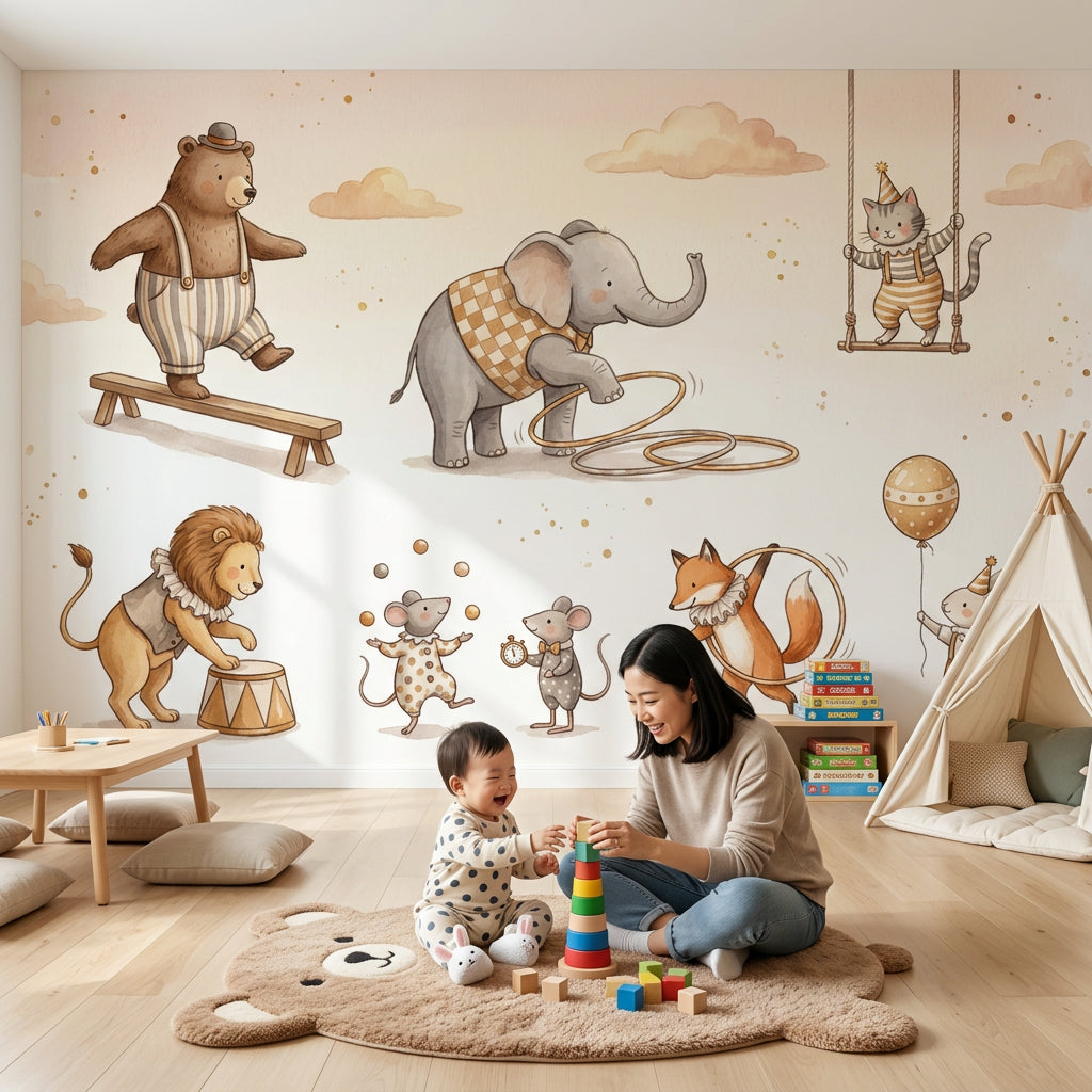 Circus Animals Wallpaper Watercolor Removable Whimsical Wall Decor