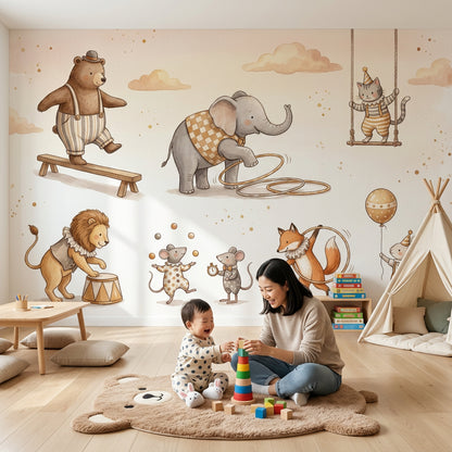 Circus Animals Wallpaper Watercolor Removable Whimsical Wall Decor