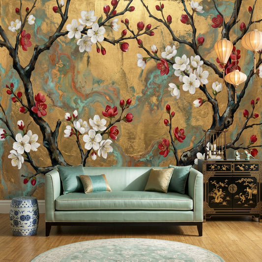 Cherry Blossom Wallpaper Floral Branches Removable Gold Background Wall Decor