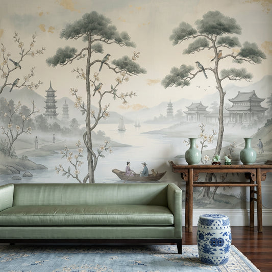 Misty Landscape Wallpaper Asian Pagoda Temple Pavilion Removable Wall Decor