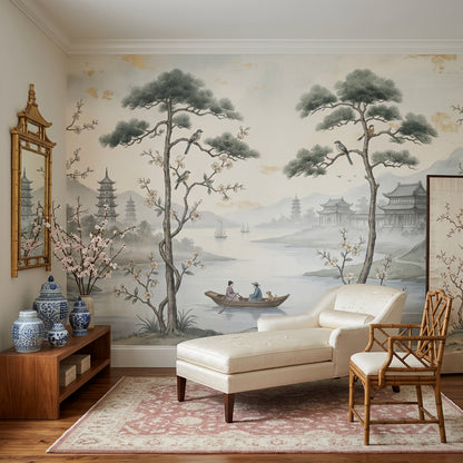 Misty Landscape Wallpaper Asian Pagoda Temple Pavilion Removable Wall Decor