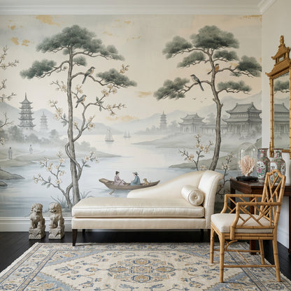 Misty Landscape Wallpaper Asian Pagoda Temple Pavilion Removable Wall Decor