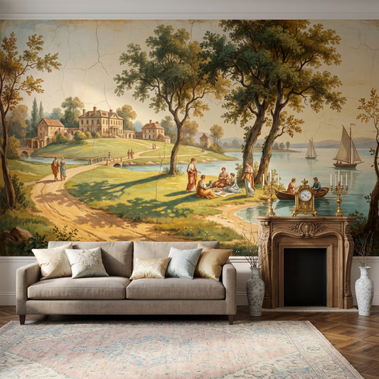 Vintage Landscape Wallpaper Lakeside Manor European Countryside Wall Mural