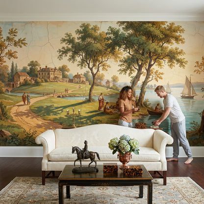 Vintage Landscape Wallpaper Lakeside Manor European Countryside Wall Mural