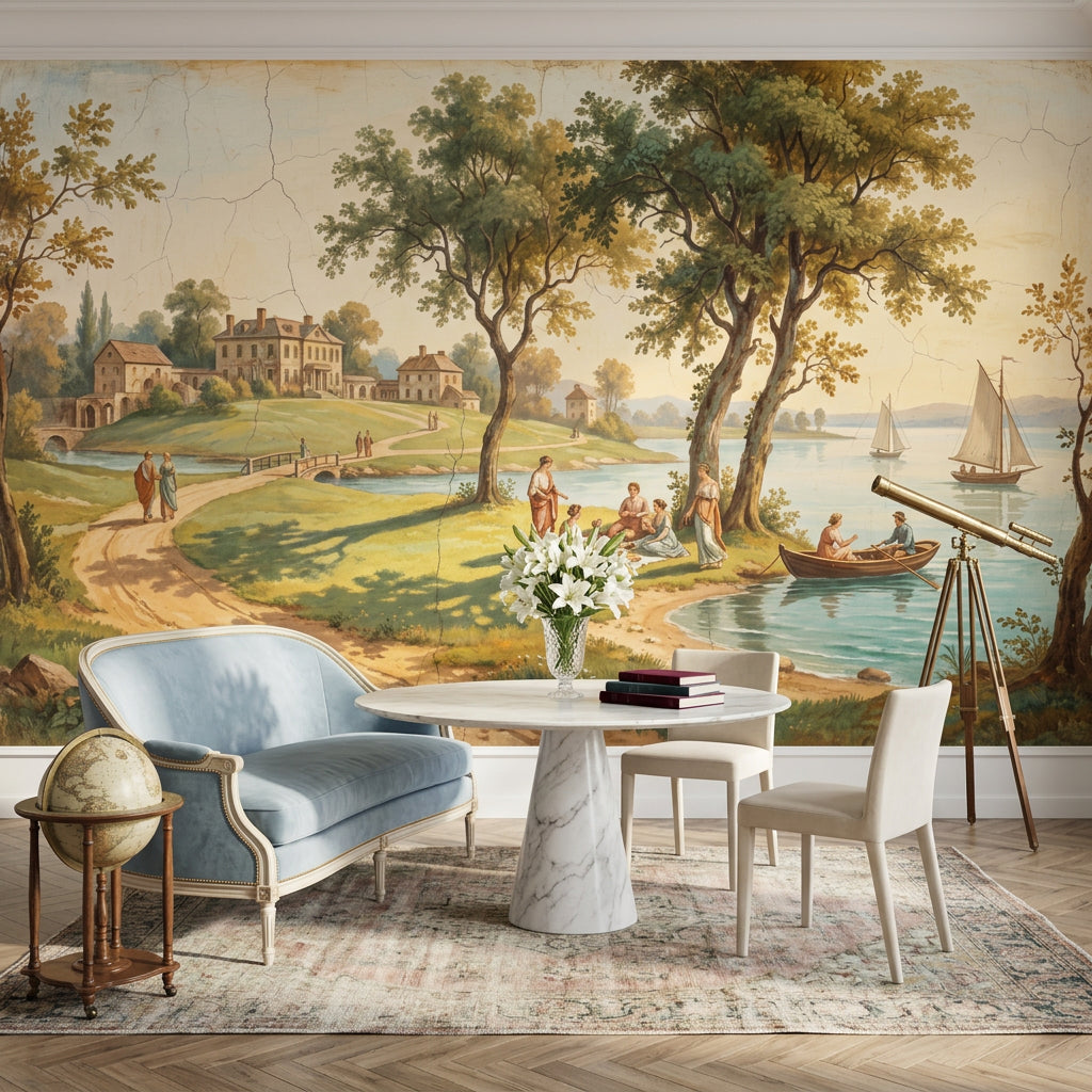 Vintage Landscape Wallpaper Lakeside Manor European Countryside Wall Mural