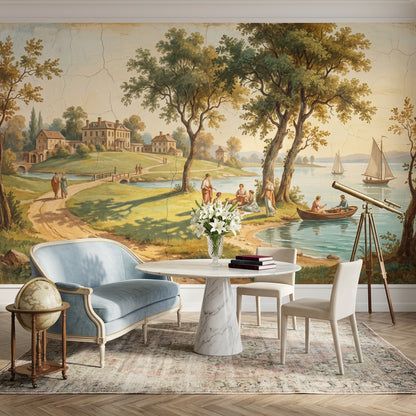 Vintage Landscape Wallpaper Lakeside Manor European Countryside Wall Mural