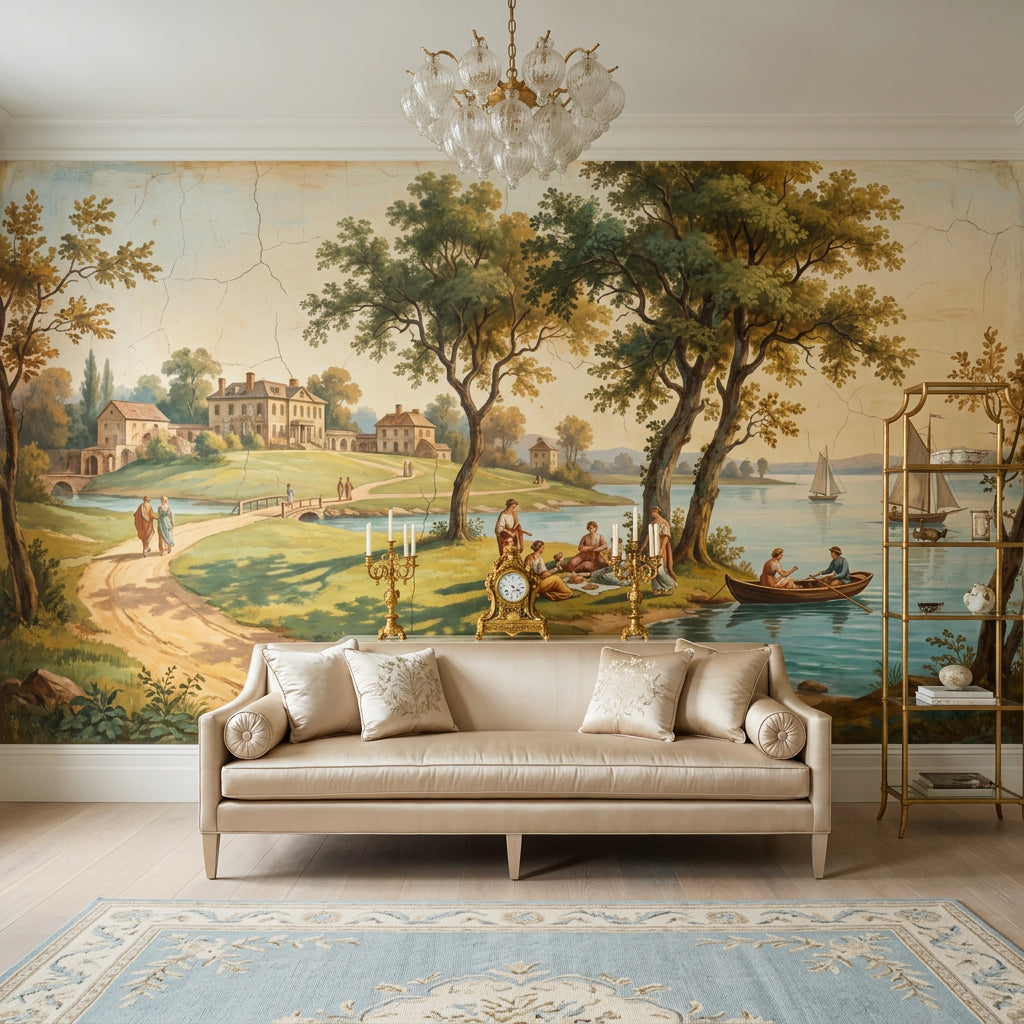 Vintage Landscape Wallpaper Lakeside Manor European Countryside Wall Mural