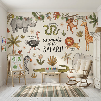 Safari Animals Wallpaper Nursery Wallpaper Watercolor Illustration Wall Mural