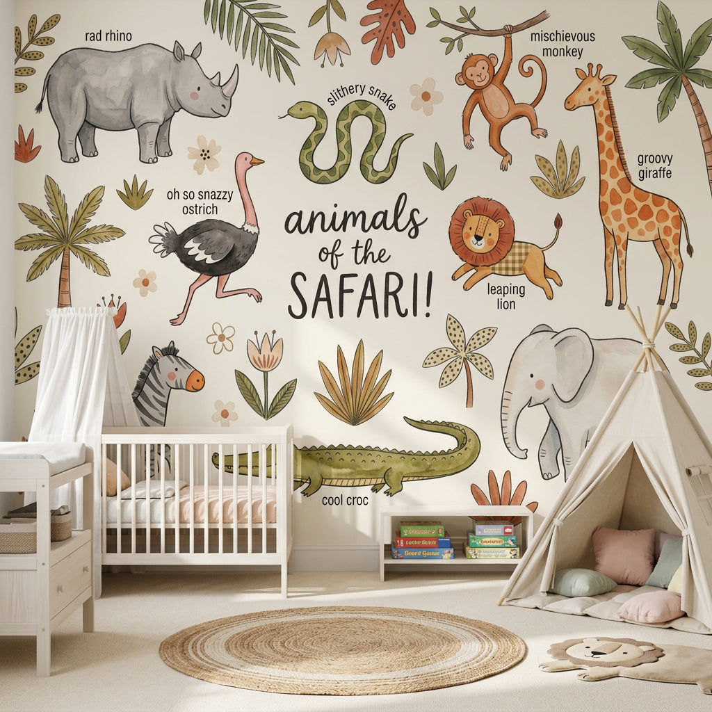 Safari Animals Wallpaper Nursery Wallpaper Watercolor Illustration Wall Mural