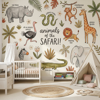 Safari Animals Wallpaper Nursery Wallpaper Watercolor Illustration Wall Mural