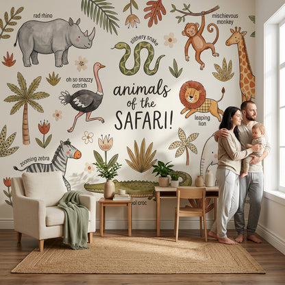 Safari Animals Wallpaper Nursery Wallpaper Watercolor Illustration Wall Mural