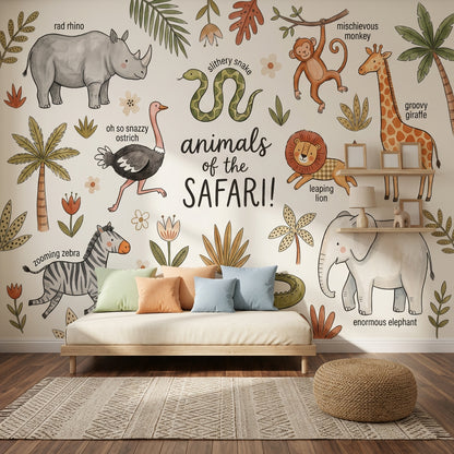 Safari Animals Wallpaper Nursery Wallpaper Watercolor Illustration Wall Mural