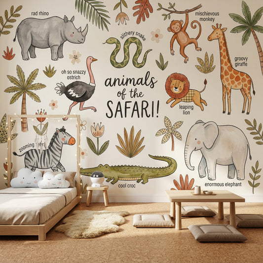 Safari Animals Wallpaper Nursery Wallpaper Watercolor Illustration Wall Mural